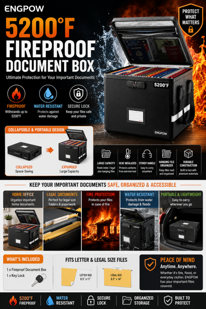 ENGPOW 5200°F Fireproof Document Box with Lock, Heat Insulated Collapsible File Storage Organizer with Handle, Portable Home Office File Cabinet for Hanging Letter/Legal Size Folder, Black
