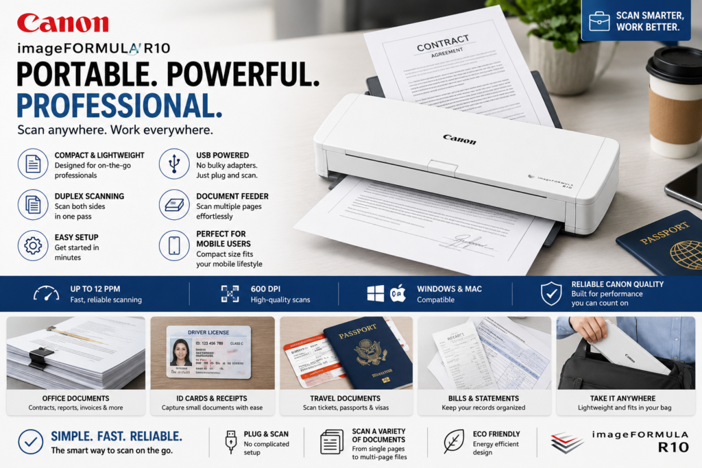 Canon imageFORMULA R10 - Portable Document Scanner, USB Powered, Duplex Scanning, Document Feeder, Easy Setup, Convenient, Perfect for Mobile Users, White