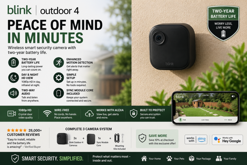 Blink Outdoor 4 – Wireless smart security camera, two-year battery life, 1080p HD day and infrared night live view, two-way talk. Sync Module Core included – 3 camera system
