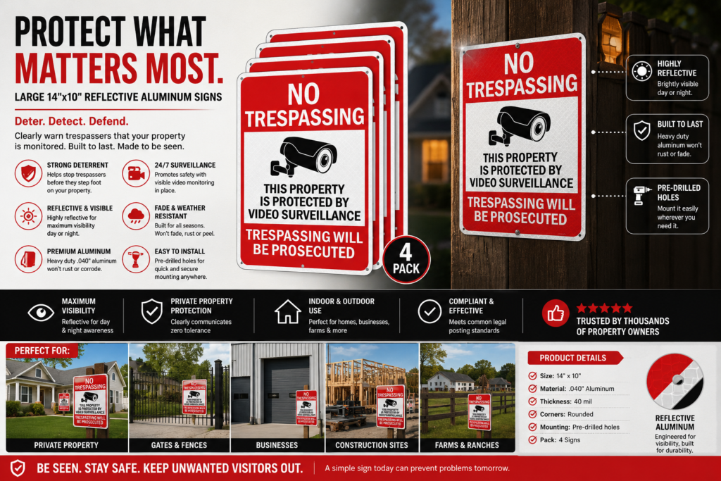 Large Video Surveillance Signs, 14x10 Inches No Trespassing Sign Private Property Sign, Reflective Aluminum, Fade Resistant,Indoor or Outdoor Use (4-Pack)