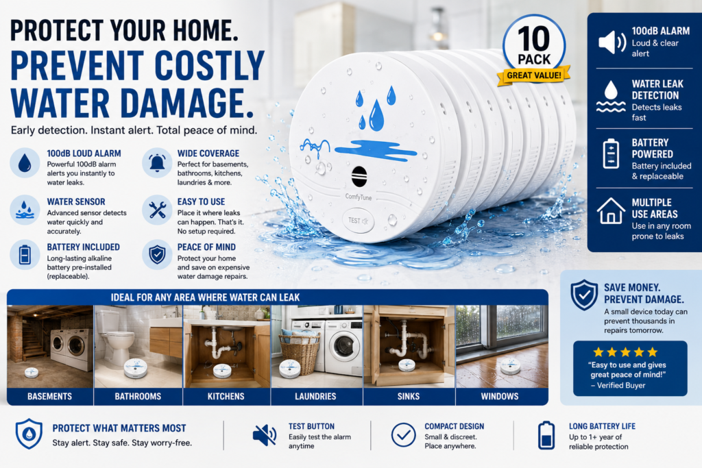 10 Pack Water Leak Detectors for Home, 100dB Waterproof Water Sensor Alarm Leak Detector for Basements, Bathrooms, Laundries, Sinks, and Windows(Battery Included)
