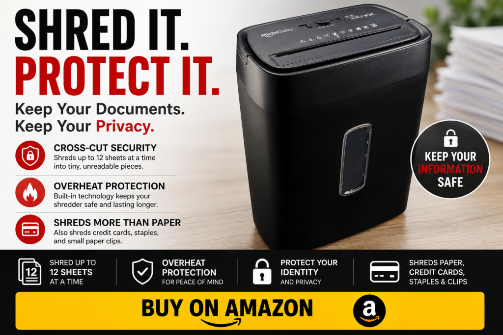 Amazon Basics 12-Sheet Cross-Cut Paper and Credit Card Shredder with Overheat Protection, Black (New Model)